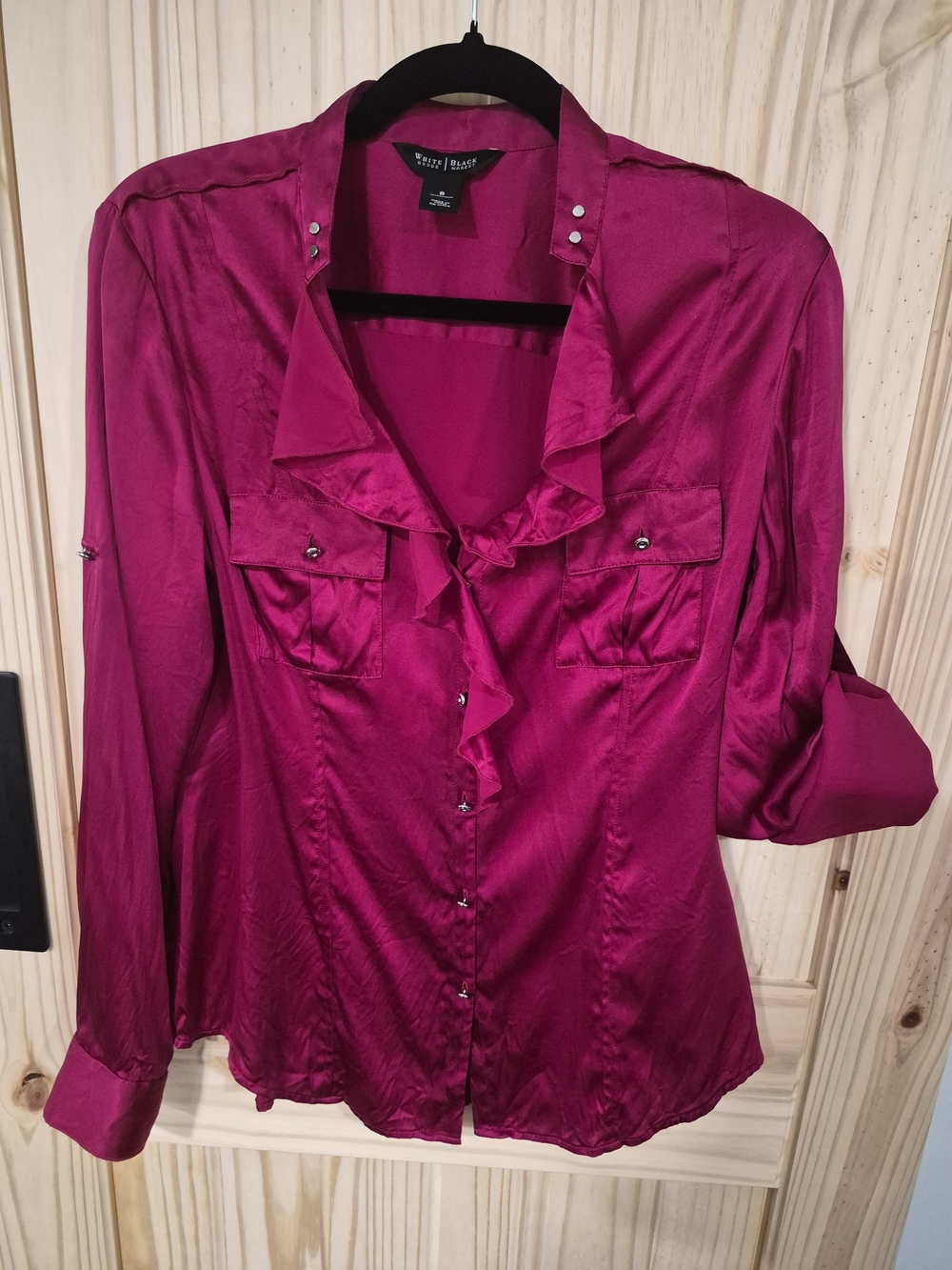 White House Black Market Magenta Silk Ruffle Blouse